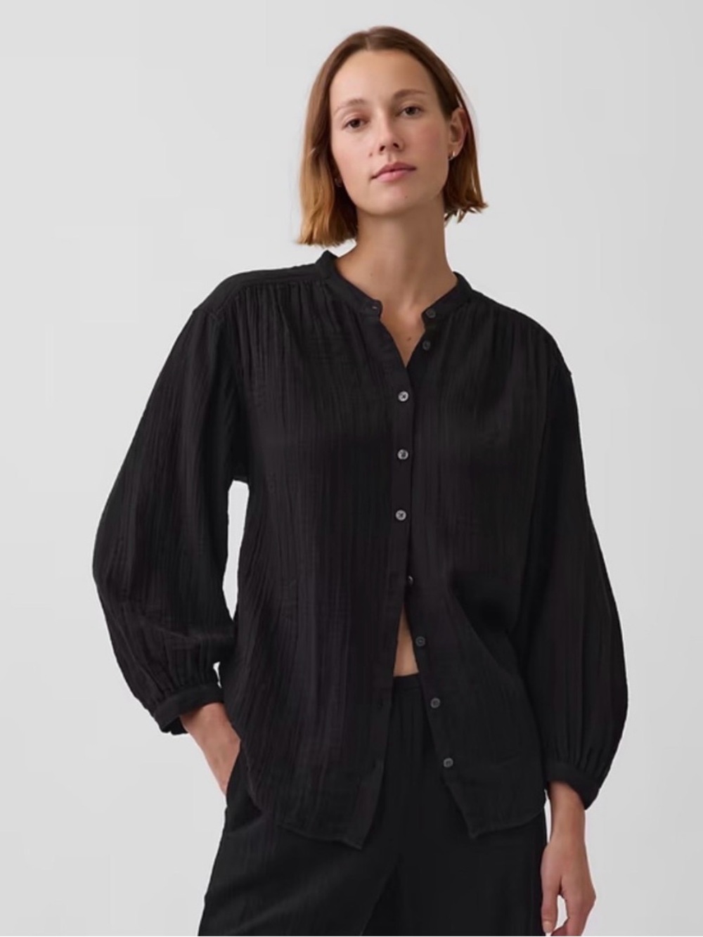 GAP Black Button-Down Collarless Blouse